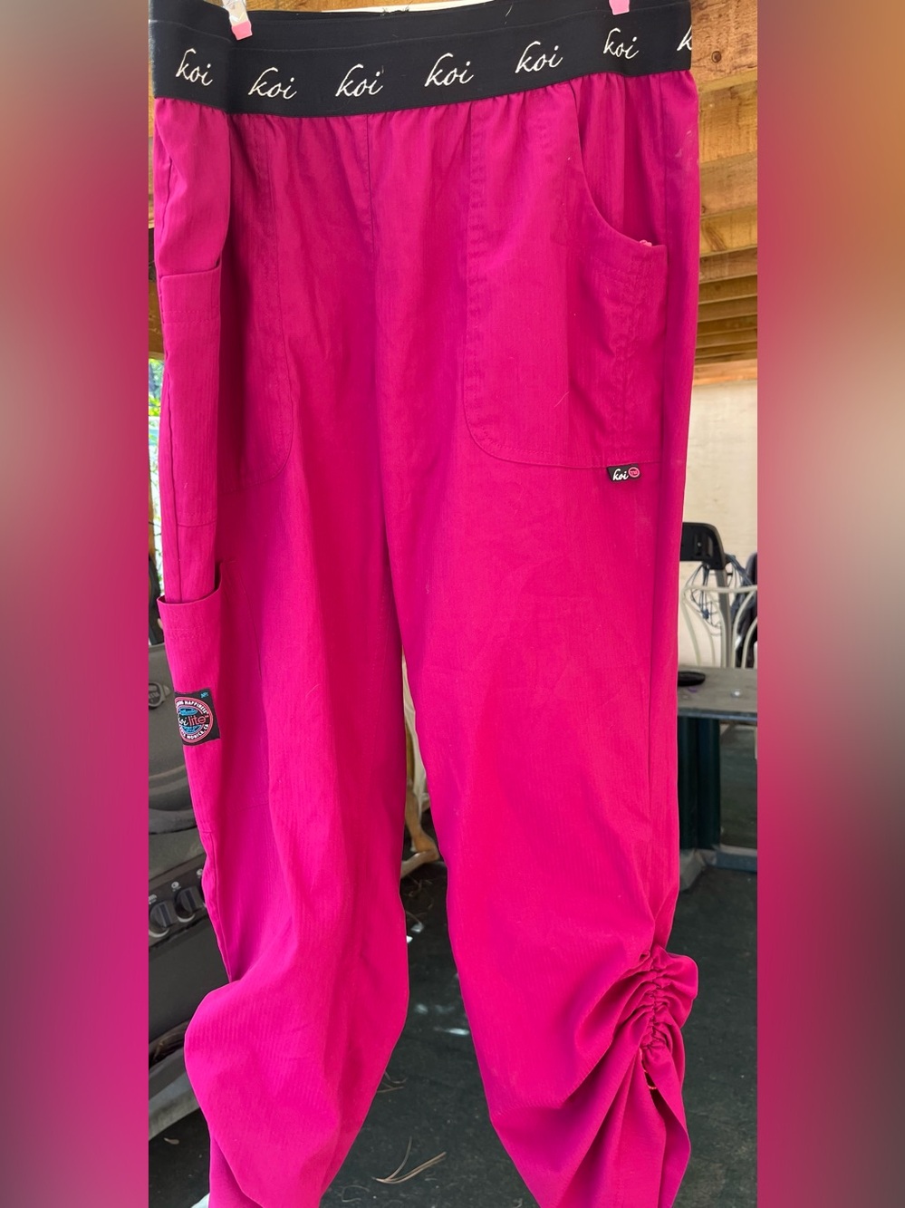 koi Women's Hot Pink Scrub Pants with Black Logo Waistband